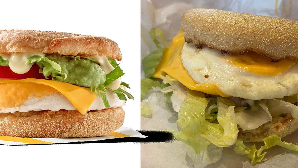 Der neue „McMuffin Fresh Avocado“ (links das Produktfoto, rechts in echt)