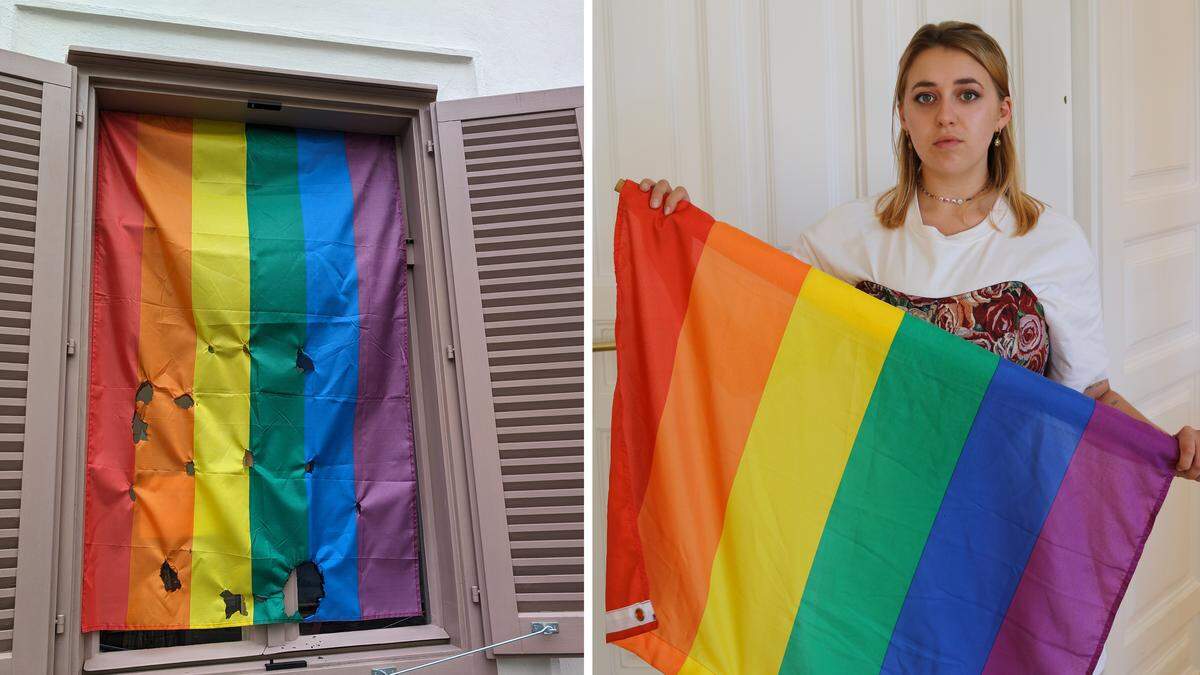 Die zerstörte Flagge in St. Peter. Rechts: Gemeinderätin Anna Slama mit der neuen Fahne, die man nun als Ersatz aufhängt