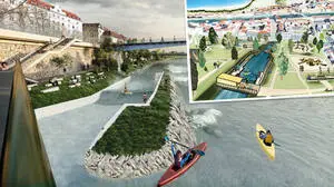 Die beiden Darstellungen der Surfwellen: einmal in der Mur, einmal im Volksgarten beim Mühlgang