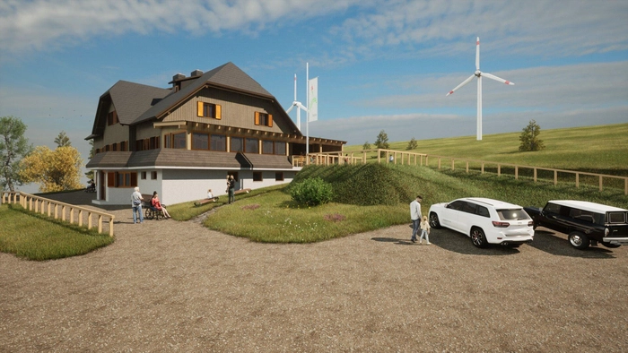 Ein Rendering zeigt die geplante neue Hütte nach dem Umbau