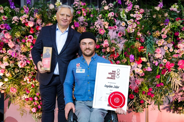Kopf des Jahres in der Kategorie Sport: Angelino Zeller - im Bild mit Rudolf Grandits (Volksbank Steiermark), der dem Gewinner gratulierte.