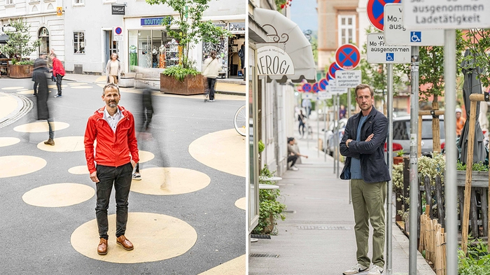 Markus Frewein, „Erfinder“ der Begegnungslinsen (im Bild links), und Bernhard Bauer, Obmann der Wirtschaftskammer Graz