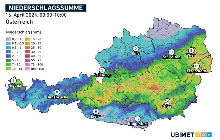 Übersicht der Regenfälle in Österreich
