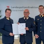 Landespolizeidirektor Gerald Ortner mit dem neuen Trofaiacher Inspektionskommandanten Hermann Streicher und Niklas Rebhandl, Stadt- und Bezirkspolizeikommandant von Leoben