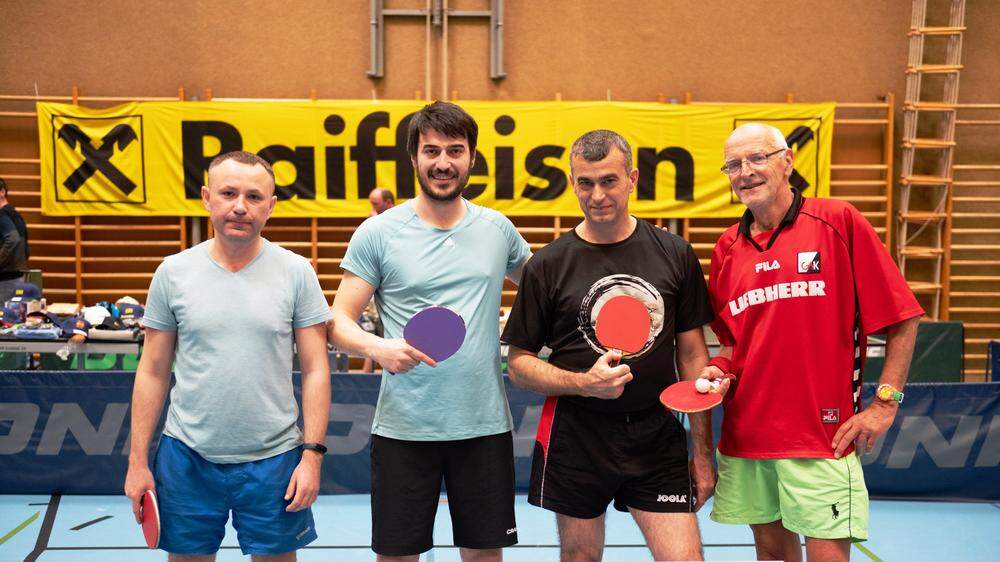 Am Podium beim Tischtennisturnier in Mautern: Maxim Ostrovsky, Ali Oktay, Gabor Rubin und Hans Schweinegger