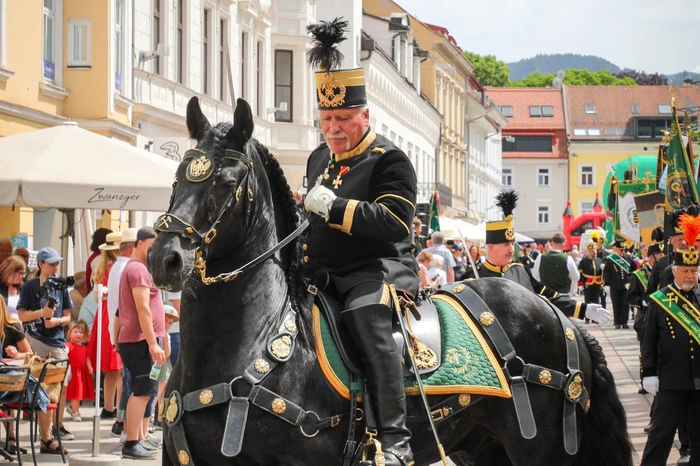 Besondere Aufmerksamkeit bekam der einzige Vierbeiner bei der Parade, ein imposanter Friesenhengst