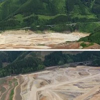 Die Waldbachbrücke (ganz links) ist schon verschwunden, wie Bilder aus den Jahren 2021 (oben) und 2025 (unten) zeigen