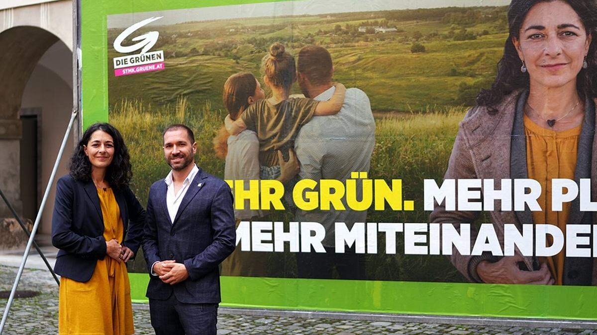 Sandra Krautwaschl und Timon Scheuer vor den Plakaten