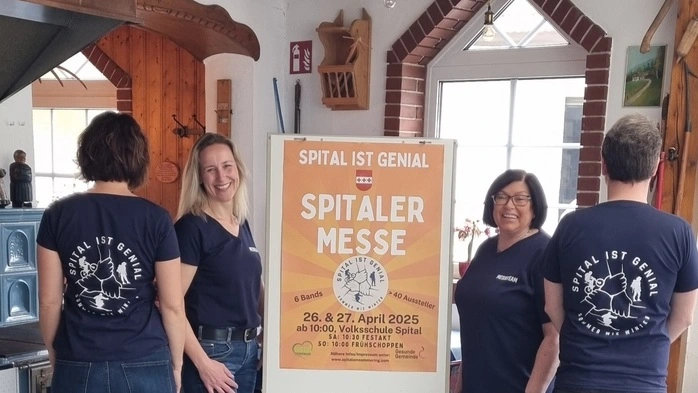 Sonja Filzwieser, Nina Haslinger-Streit, Maria Fischer (Bürgermeisterin) Marcel Skerget (Vizebürgermeister) präsentieren unlängst das Programm der ersten Spitaler Messe