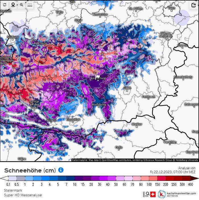 Derzeit schneit es entlang des ganzen Alpenhauptkamms stark - wie diese Karte mit Schneehöhen zeigt