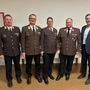Die neue Führung der FF Sachendorf. Von links: ABI Andreas Stürzl, LFR Erwin Grangl, OBI Kevin Zuber, HBI Harald Hengster und Bürgermeister Manfred Lenger 