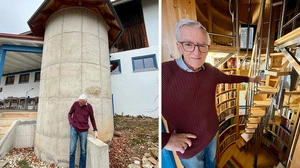 Johann Gratzer vor und in dem alten Hoch-Silo: „Hier war vor allem die Gestaltung der Treppe eine Herausforderung, weil der Silo so schmal und hoch ist“