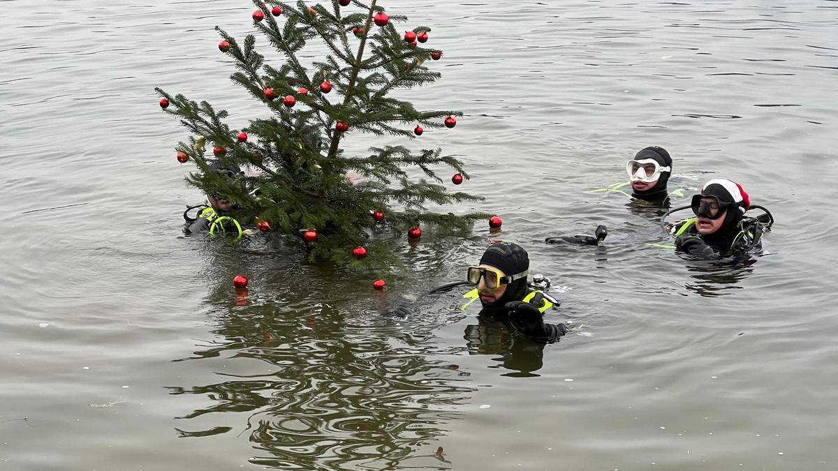 Einsatztaucher der Freiwilligen Feuerwehr Stubenberg am See beim Christbaumtauchen