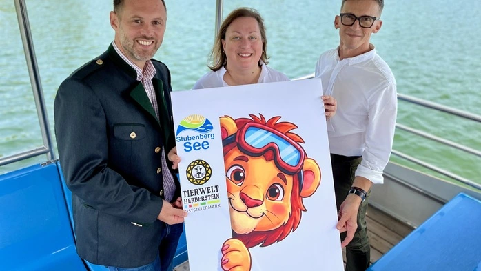 Setzen auf die vielseitig anwendbare Kraft des „See-Löwen“ als Marketing-Instrument: Bürgermeister Philipp Hirzberger, Karin Winkler von der Geschäftsleitung der Tierwelt Herberstein und Stephanos Berger von der Wiener Agentur Cidcom