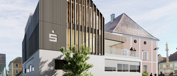 So soll die Sparkasse Pöllau in Zukunft aussehen. Eine Fassade aus Metall war laut dem Vorstand der Bank Auflage der Ortsbildsachverständigen