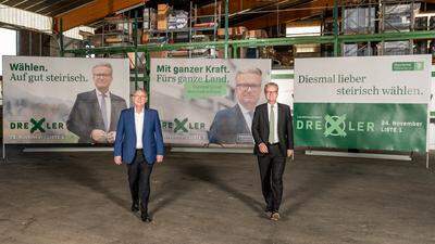 ÖVP-LH Christopher Drexler und Landesgeschäftsführer Detlev Eisel-Eiselsberg vor den Motiven der 2. Plakatwelle