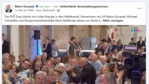 Screenshot vom Wahlkampfauftakt der Grazer FPÖ in der Seifenfabrik, der im Internet gestreamt worden ist