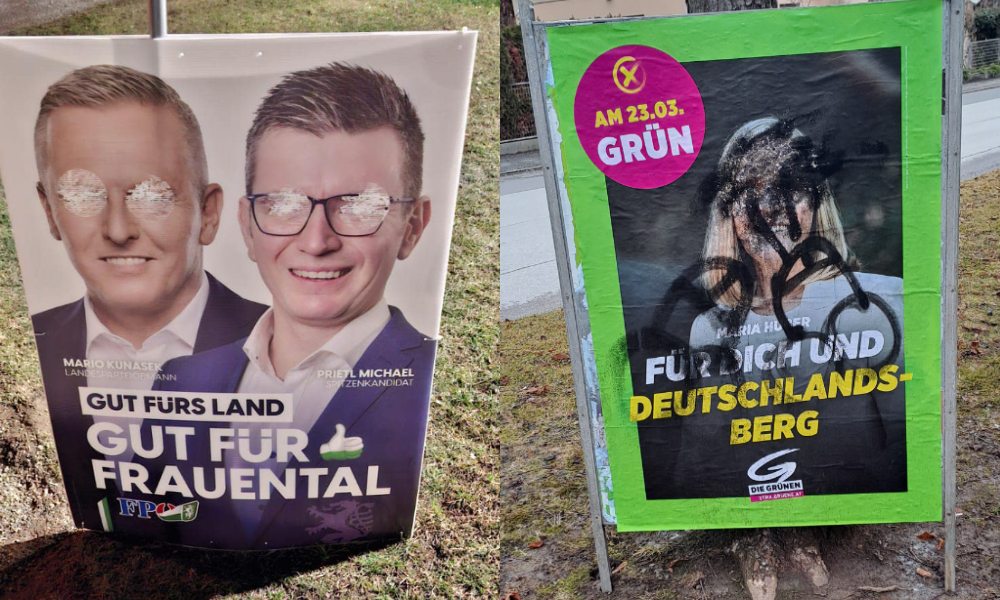 Das Bild ist eine Collage aus zwei Bildern und zeigt einerseits ein verunstaltetes Wahlplakat der FPÖ in Frauental an der Laßnitz und ein Plakat der Grünen und Bürgerliste in Deutschlandsberg, das beschmiert worden ist | Das Wahlplakat der FPÖ in Frauental an der Laßnitz und das Plakat der Grünen und Bürgerliste in Deutschlandsberg wurden verunstaltet