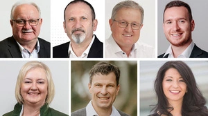 Die Spitzenkandidaten für Wies: Karl Kolleritsch (SPÖ), Mario Loibner (Liste Mario), Josef Waltl (Liste aller Wieser), Konstantin Leitinger (FPÖ), Theresia Koch (ÖVP),  Florian Zwetti (Grüne) und Sabine Ehmann ( Liste Ehmann) (von oben links bis unten rechts) 