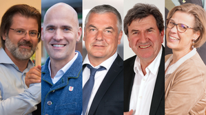 Die Spitzenkandidaten für Stainz: Thomas Stoimaier (SPÖ), Friedrich Scheer (FPÖ), Karl Bohnstingl (ÖVP), Franz Hopfgartner (AfS) und Ina Ledinski (Grüne)