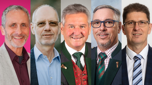 Die Spitzenkandidaten: Rudolf Hofer (Neos), Thomas Fiebich (Grüne), Josef Niggas (ÖVP), Gerhard Flecker (FPÖ) und Gerhard Lepaj (SPÖ) (v. l.)