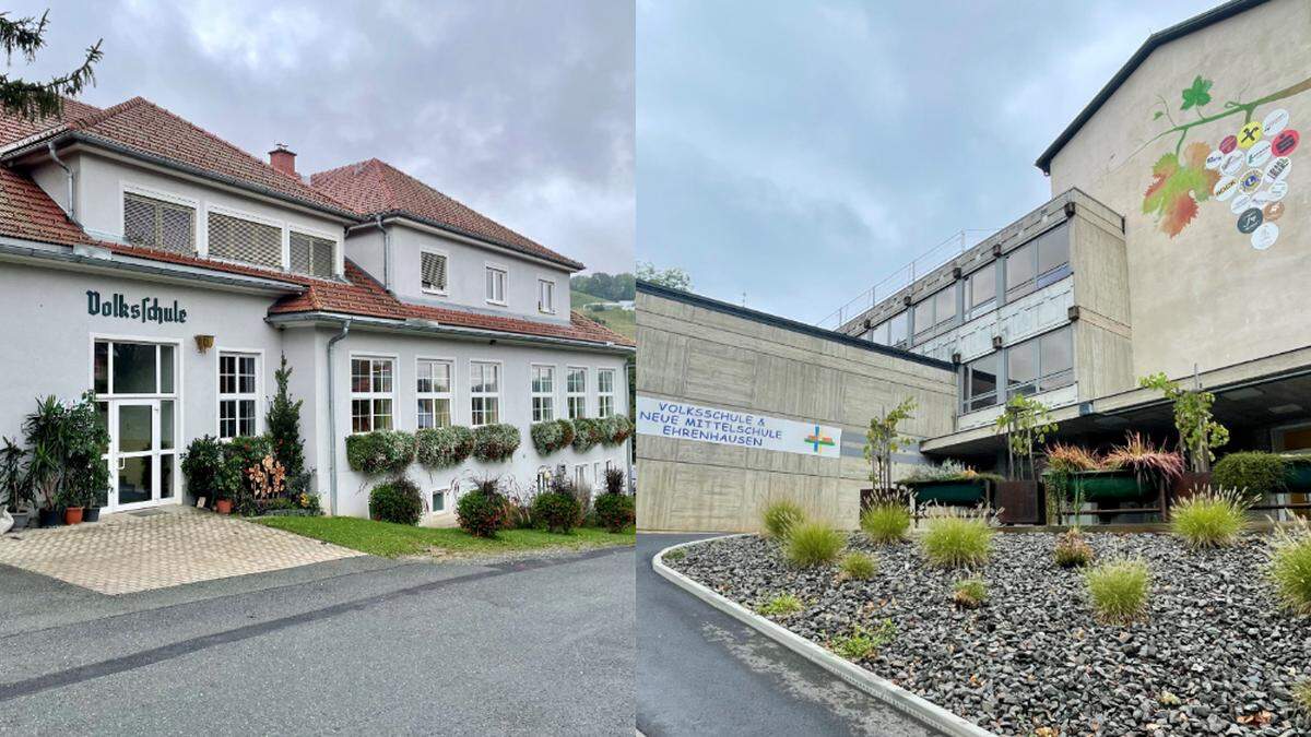 Links: Die Volksschule Ratsch in Ehrenhausen an der Weinstraße. Rechts: Die Mittelschule Ehrenhausen 