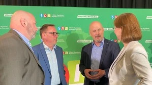 Mark Perz (Holding Graz Linien), ÖBB-Regionalmanager Peter Wallis, Westbahn-Chef Thomas Posch und GKB-Geschäftsführerin Barbara Kleinert am 4. Tag der steirischen Öffis