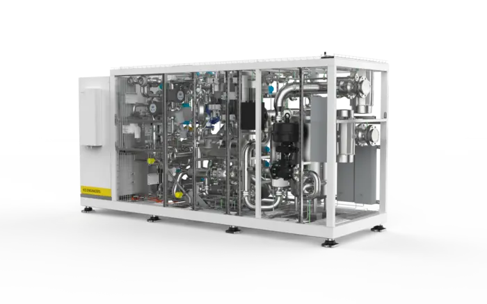 Vormontiertes Prozessmodul der Wasserstoffanlage: Es bündelt Pumpen, Rohrleitungen und Regeltechnik und bildet einen zentralen Bestandteil der Elektrolyse