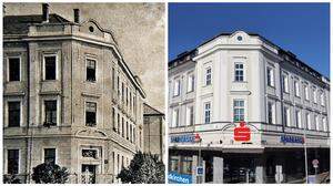 Das Sparkassengebäude in Feldkirchen heute und vor 100 Jahren