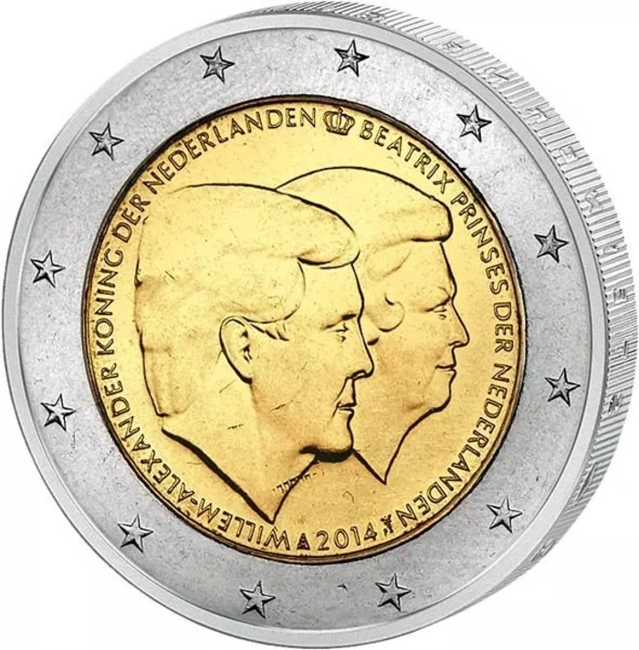 Zwei-Euro-Gedenkmünze aus den Niederlanden mit einem Doppelporträt von Willem-Alexander und Beatrix aus 2014