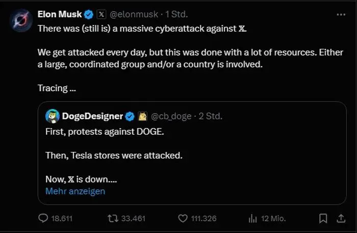 Laut Musk handelt es sich um einen Cyberangriff, der mit vielen Ressourcen ausgeführt wird