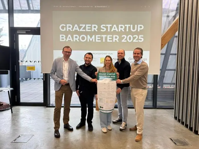 (v.l.) Bernhard Weber (Unicorn), Werner Sammer (Ideentriebwerk), Elisabeth Kaufmann (Zentrum für Entrepreneurship der Universität Graz), Martin Haintz (Ideentriebwerk), Matthias Ruhri (Gründungsgarage)