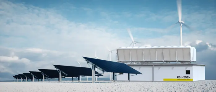 So soll die Wasserstoffanlage in Bergla aussehen: KS Engineers liefert die komplette 5-Megawatt-Elektrolyseanlage, die ab 2027 bis zu 750 Tonnen grünen Wasserstoff pro Jahr produzieren soll