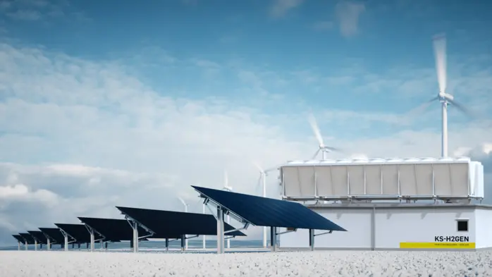 So soll die Wasserstoffanlage in Bergla aussehen: KS Engineers liefert die komplette 5-Megawatt-Elektrolyseanlage, die ab 2027 bis zu 750 Tonnen grünen Wasserstoff pro Jahr produzieren soll