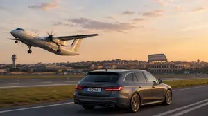 Ein Flugzeug beim Abheben von der Rollbahn und ein Auto in Fahrtrichtung Rom | Auto oder Flug - Treibstoffkosten und Maut versus Flugticket