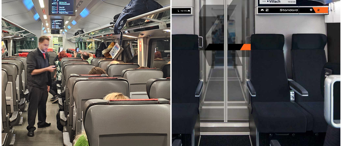 Blick in zwei Zugwaggons von ÖBB und Westbahn | Mit März sind die ÖBB nicht mehr alleine auf der Koralmstrecke unterwegs. Die Westbahn sorgt für Konkurrenz und Belebung