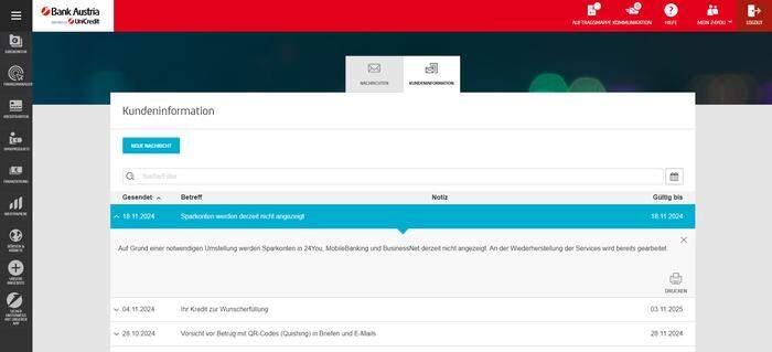 Diese Kundeninformation wird aktuell Online-Banking-Kunden der Bank Austria angezeigt