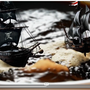 Text zum Video: „Photorealistic closeup video of two pirate ships battling each other as they sail inside a cup of coffee“