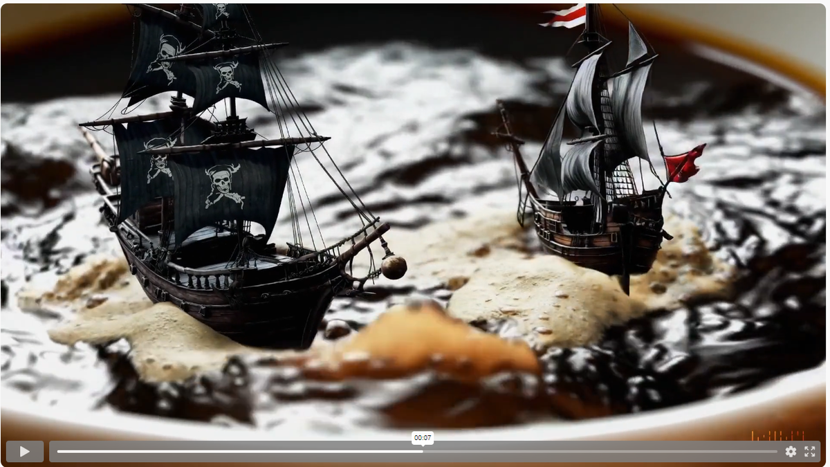 Text zum Video: „Photorealistic closeup video of two pirate ships battling each other as they sail inside a cup of coffee“