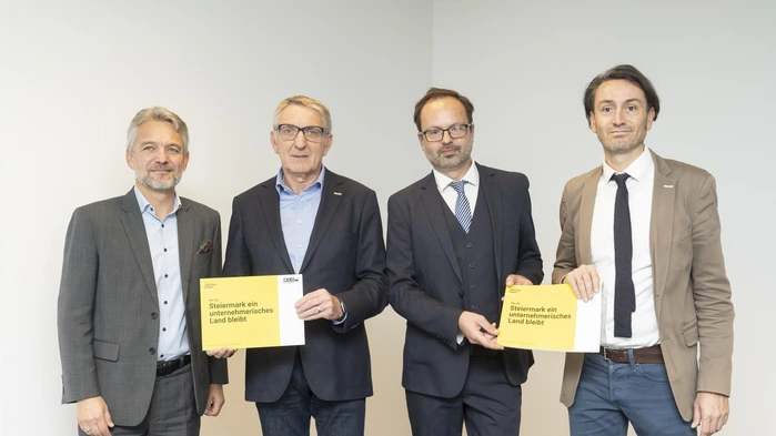 Suchen Lösungsansätze: Thomas Krautzer (KF-Uni), WK-Präsident Josef Herk, Eric Kirschner (Joanneum Research), Ewald Verhounig (Institut für Wirtschafts- und Standortentwicklung)