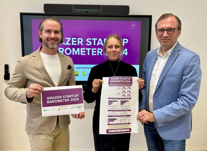 Präsentierten den „Grazer Start-up Barometer“: Matthias Ruhri (Probando, Gründungsgarage), Elisabeth Kaufmann (Uni Graz), Bernhard Weber (Unicorn)                              